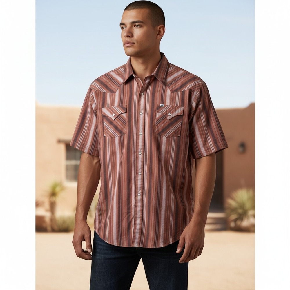 Ely Cattleman Mens XXL Brown Striped Western Pearl Snap Short Sleeve Shirt 1030